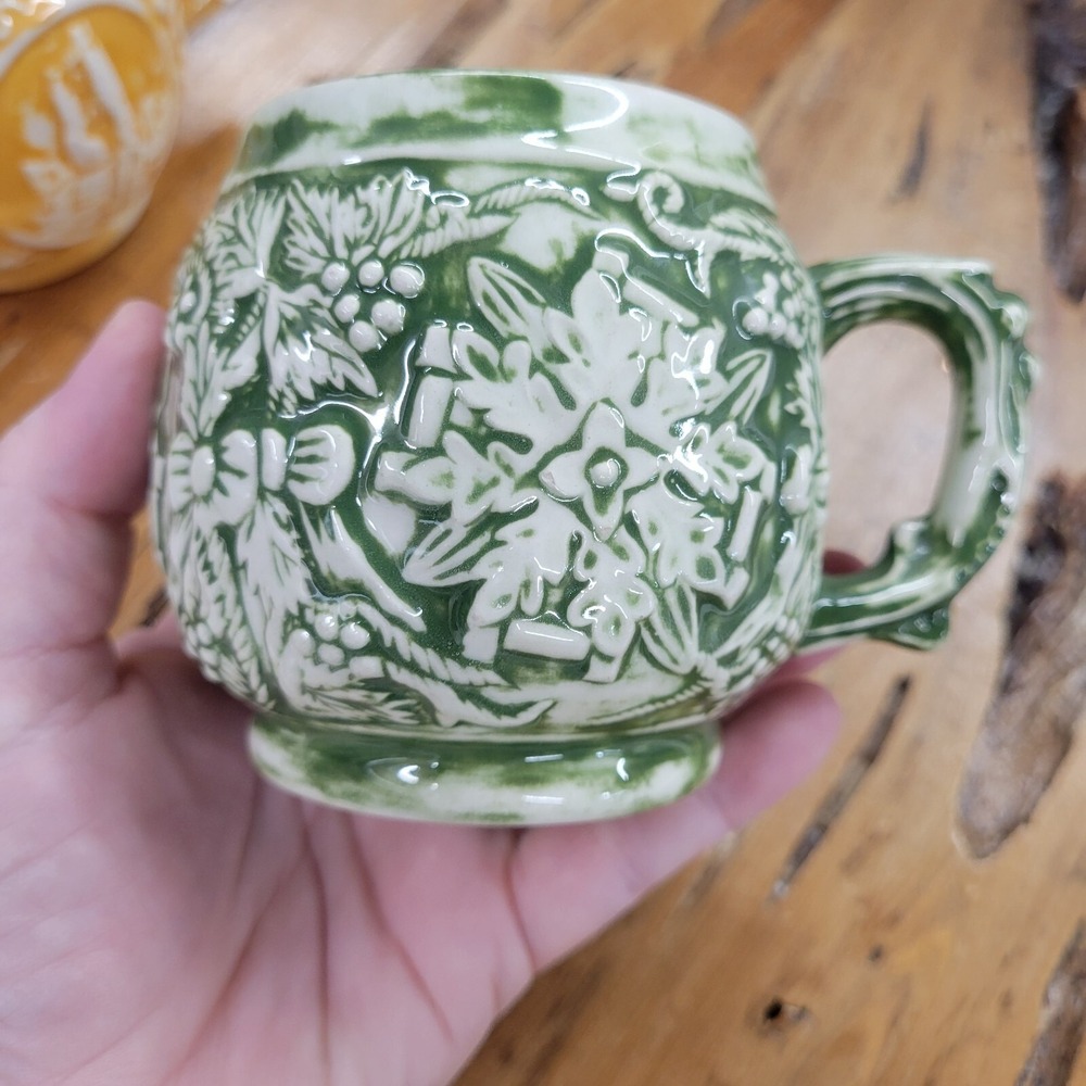 Set of 2 Vintage Mugs Green & Yellow Glazed Unique Relief Cups Signed 1970s - Picture 9 of 14